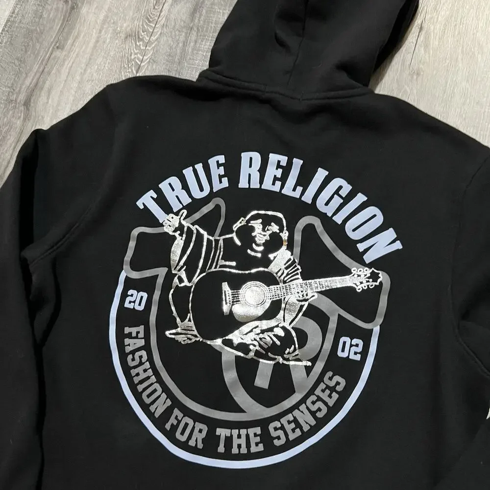 True Religion Metallic City Buddha Zip Up Hoodie Medium Black Womens Sz L